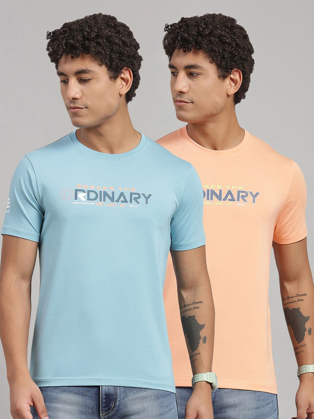 

rock.it Pack Of 2 Typography Printed Slim Fit Cotton T-shirt, Peach