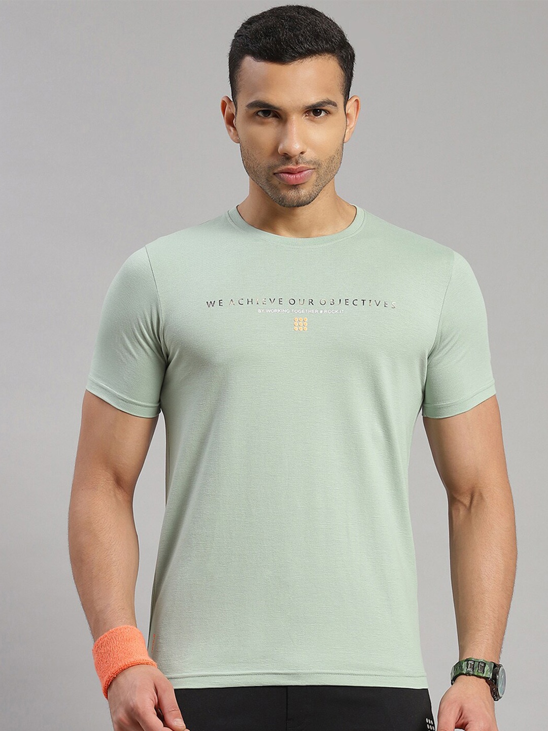 rock.it Typography Printed Slim Fit Sports T-shirt, Green