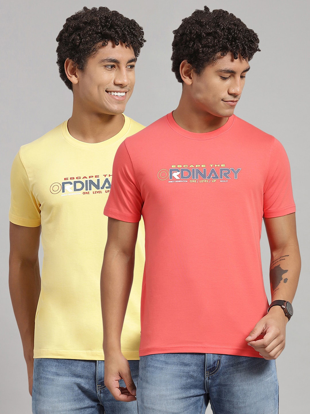 

rock.it Pack Of 2 Typography Printed Slim Fit Cotton T-shirt, Yellow