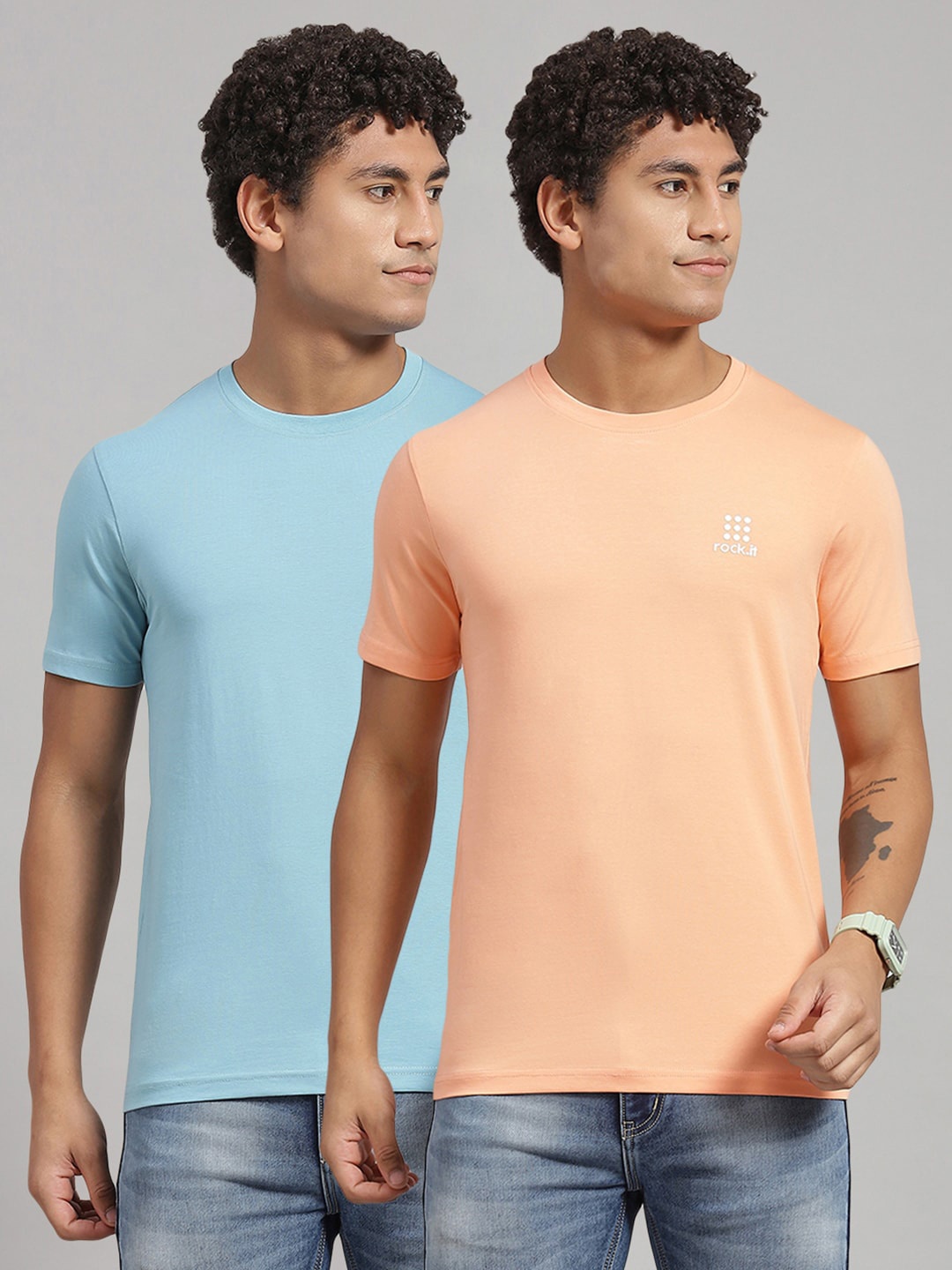 

rock.it Pack Of 2 Round Neck Slim Fit Cotton T-shirt, Peach