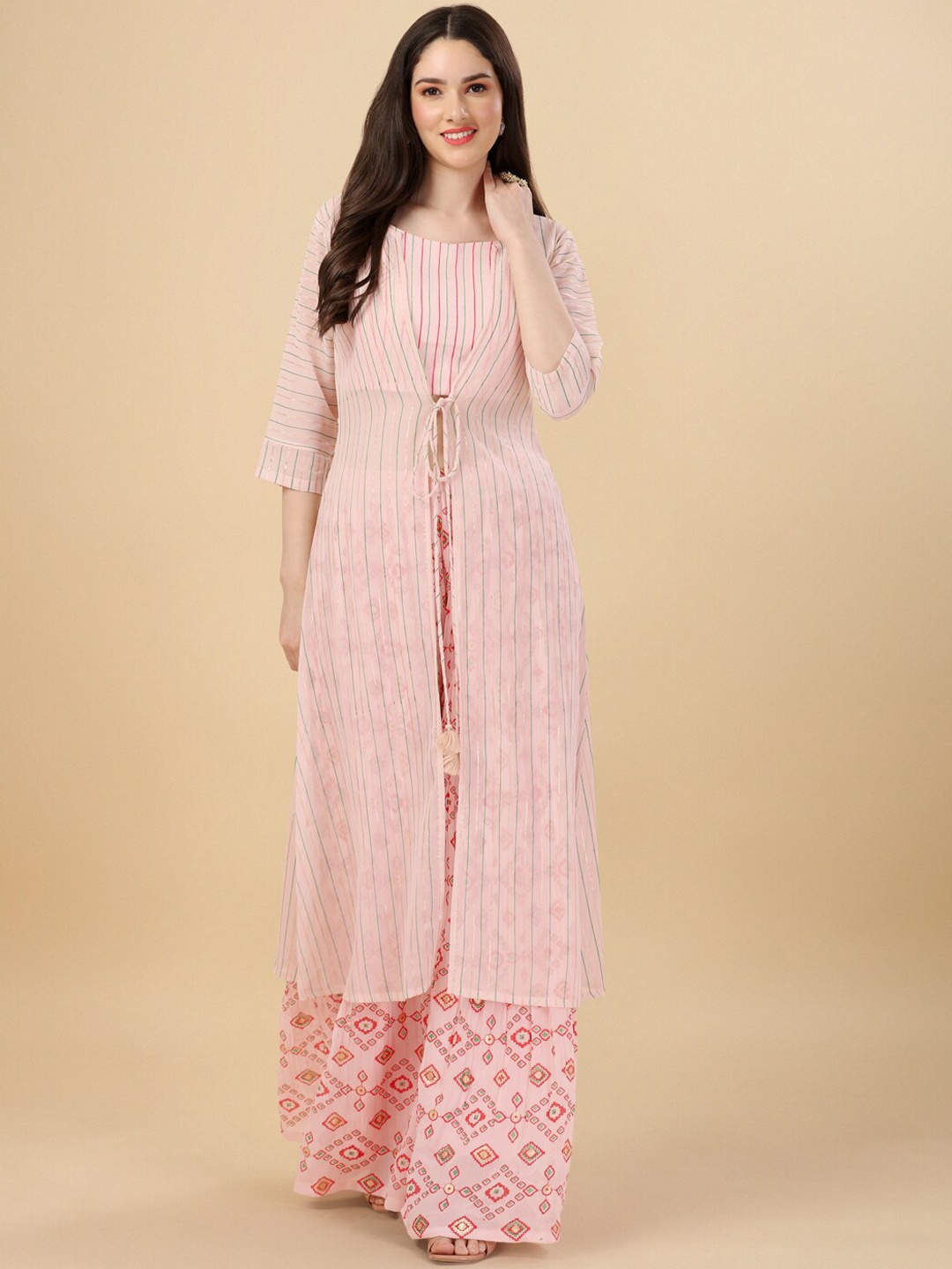 

PMD Fashion Striped Regular Top With Printed Palazzos & Longline Jacket, Cream