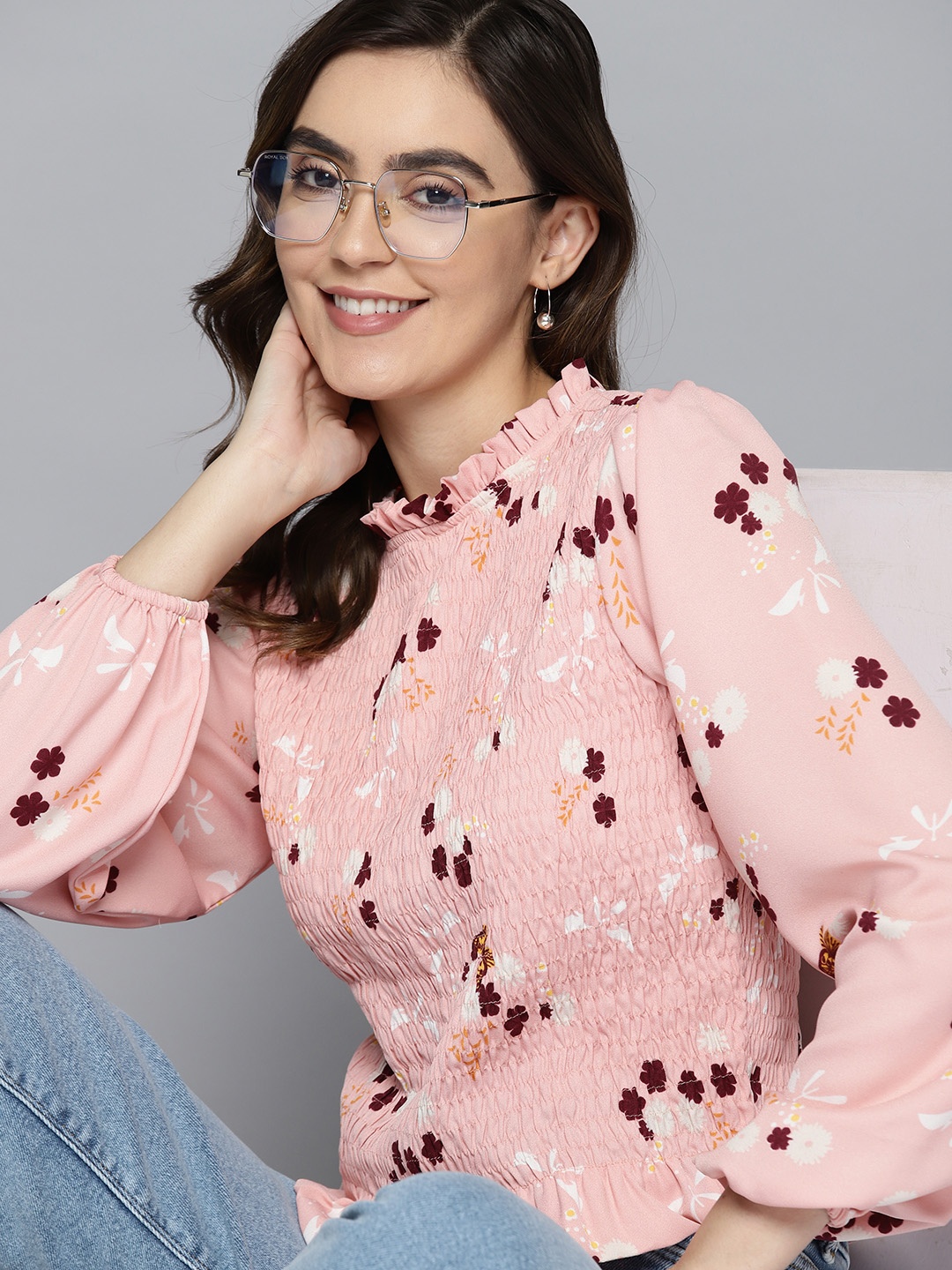 

Mast & Harbour Floral Print Puff Sleeve Smocked Top, Peach