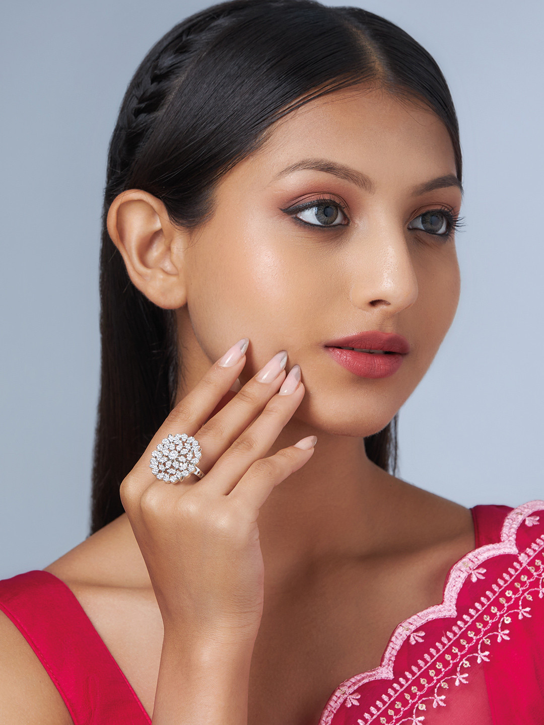 

Kushal's Fashion Jewellery Rhodium-Plated CZ Studded Adjustable Finger Ring, Silver