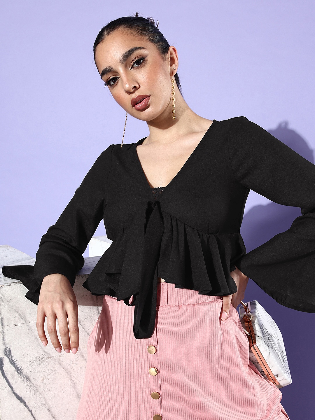 

QUIERO Bell Sleeve Crepe Peplum Crop Top, Black