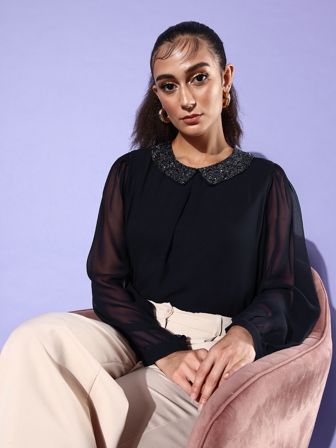 

QUIERO Puff Sleeve Georgette Top, Navy blue