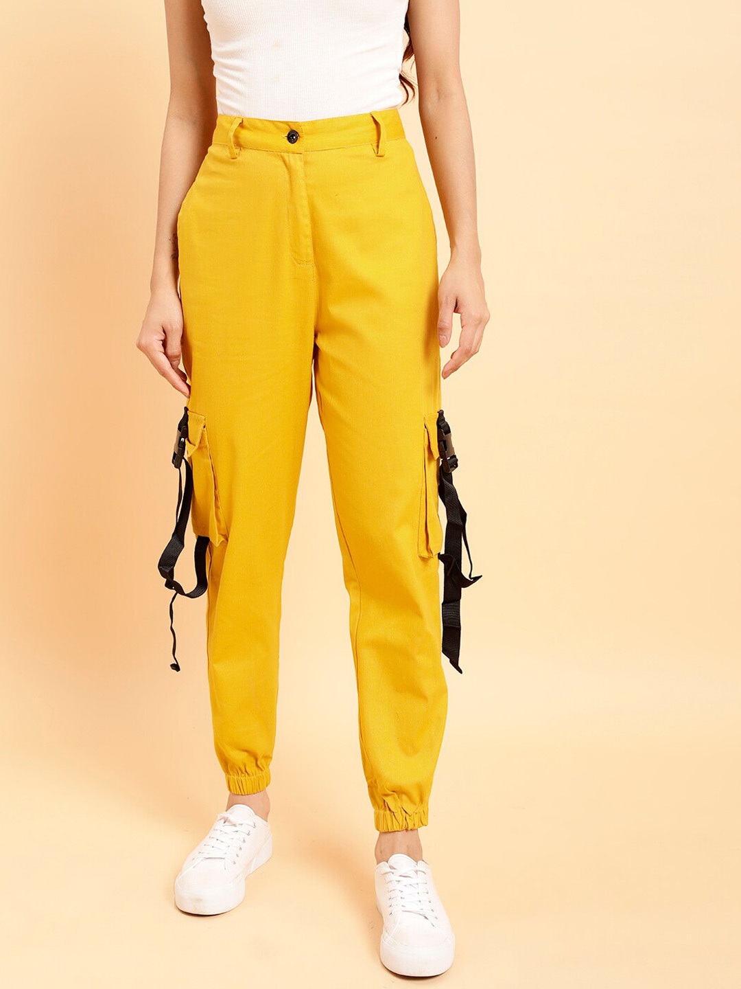 

MINT STREET Women Mid-Rise Pure Cotton Joggers, Yellow