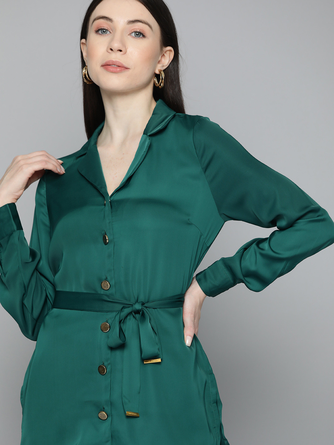 

Chemistry Shirt Collar Tunic With Tie-Ups Detail, Green