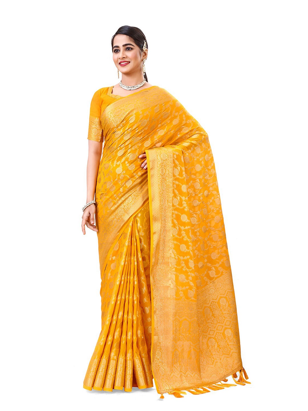 

elora Floral Woven Design Zari Banarasi Saree, Yellow