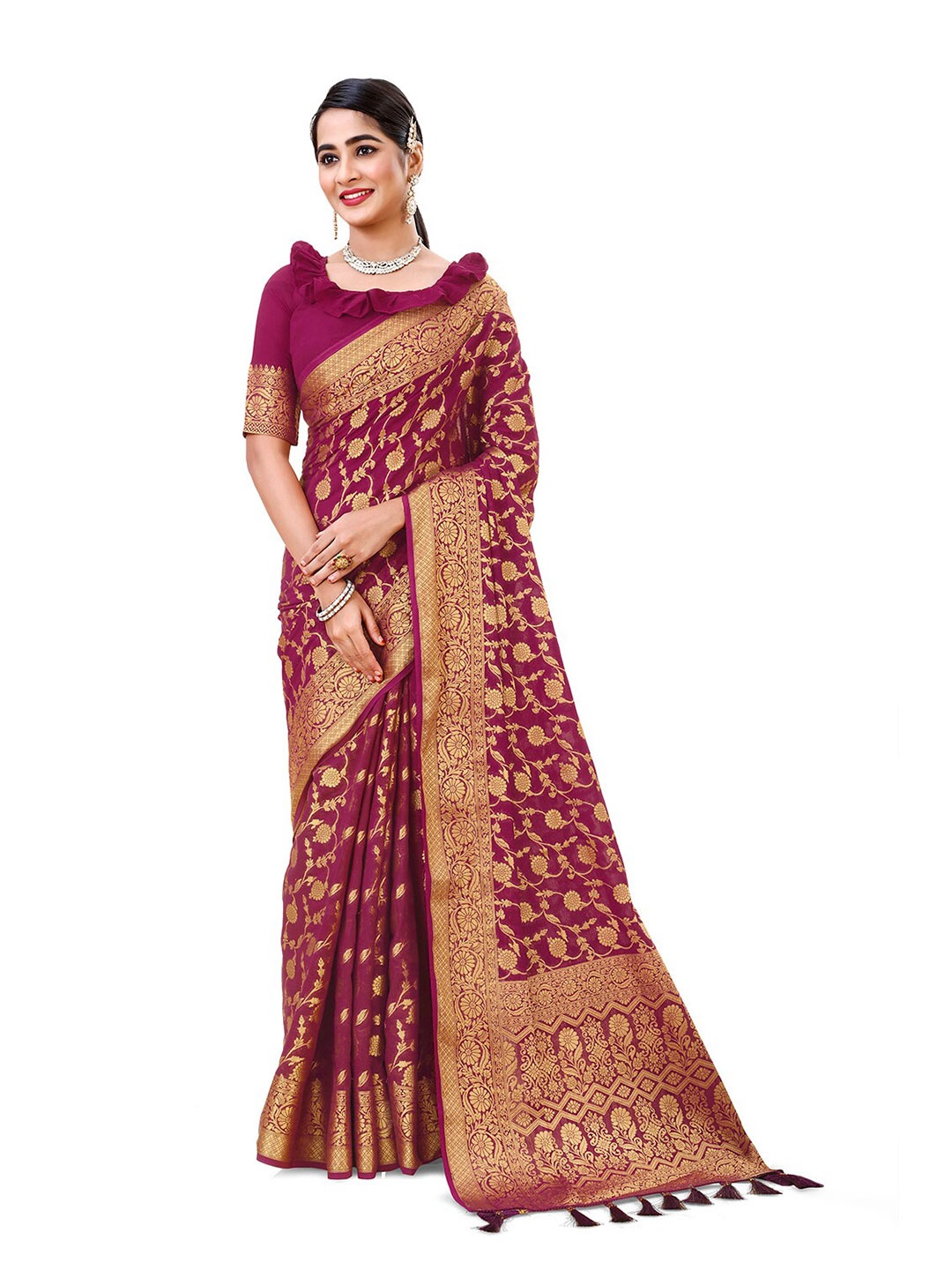 

elora Floral Woven Design Zari Banarasi Saree, Burgundy