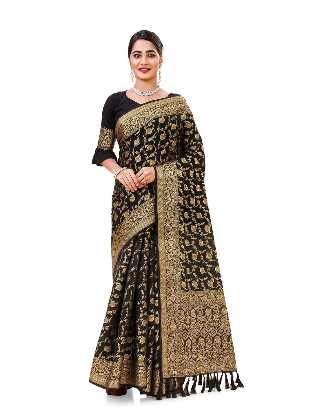 

elora Floral Woven Design Zari Banarasi Saree, Black