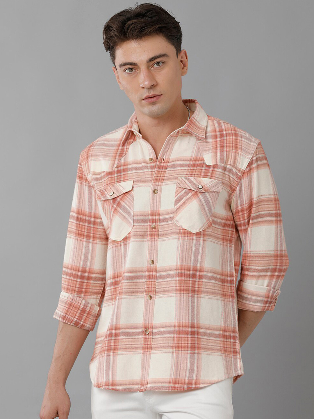 

YOVISH Smart Tartan Checked Cotton Casual Shirt, Peach