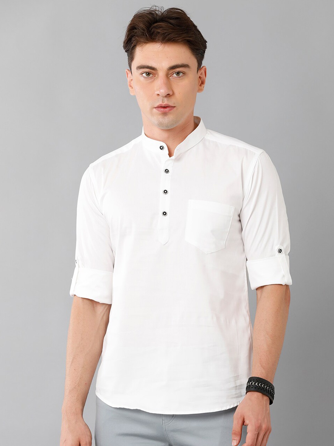 

YOVISH Smart Mandarin Collar Roll-Up Sleeves Cotton Casual Shirt, White
