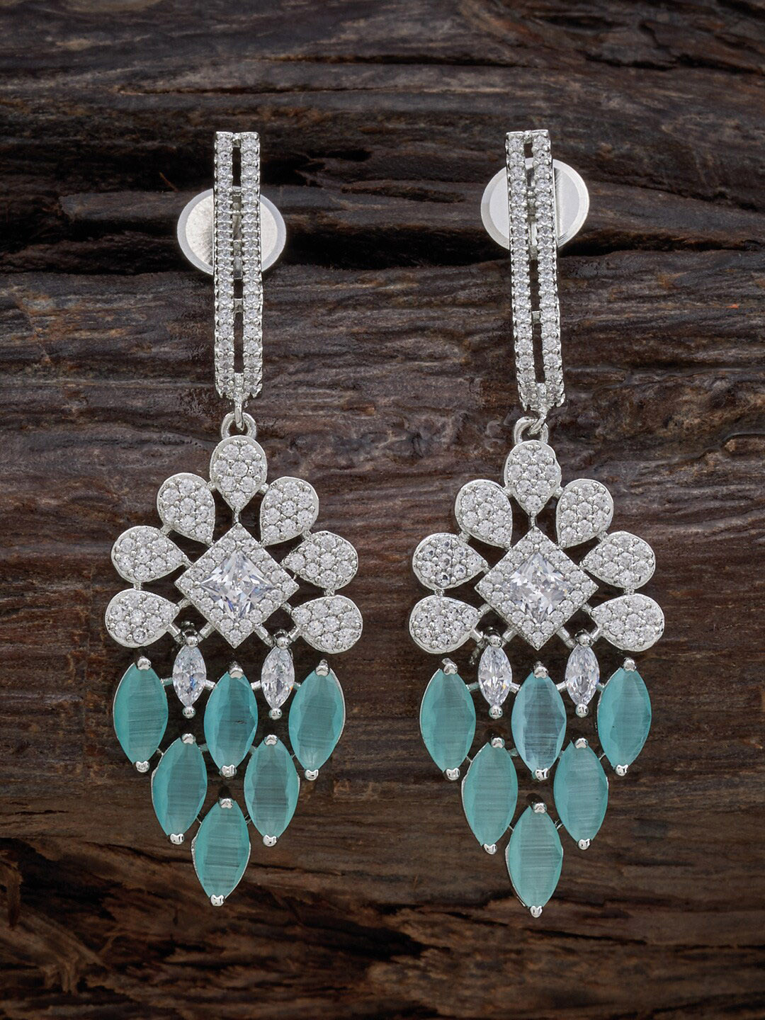 

Kushal's Fashion Jewellery Rhodium-Plated CZ Studded Contemporary Drop Earrings, Silver