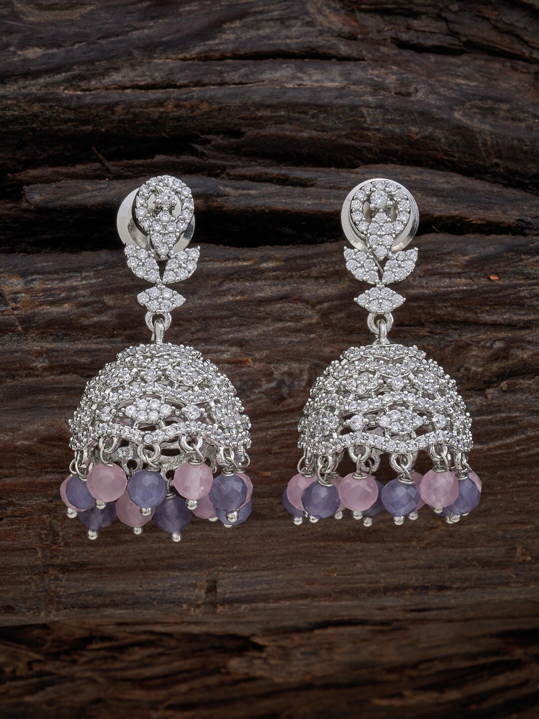 

Kushal's Fashion Jewellery Rhodium-Plated Dome Shaped CZ Studded Jhumkas, Pink