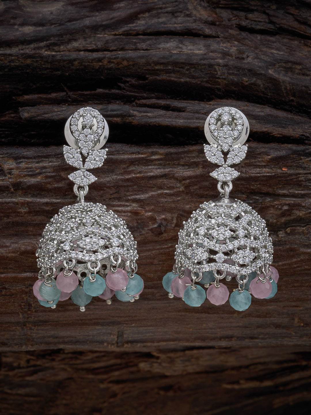 

Kushal's Fashion Jewellery Rhodium-Plated Cubic Zirconia-Studded Dome Shaped Jhumkas, Rose gold