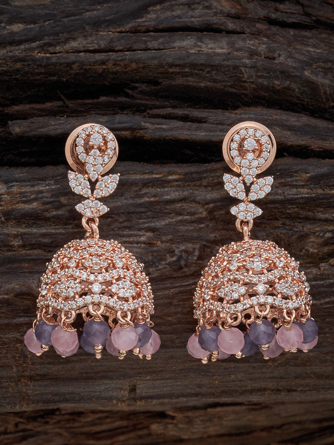 

Kushal's Fashion Jewellery Gold-Plated Cubic Zirconia-Studded Dome Shaped Jhumkas, Rose gold
