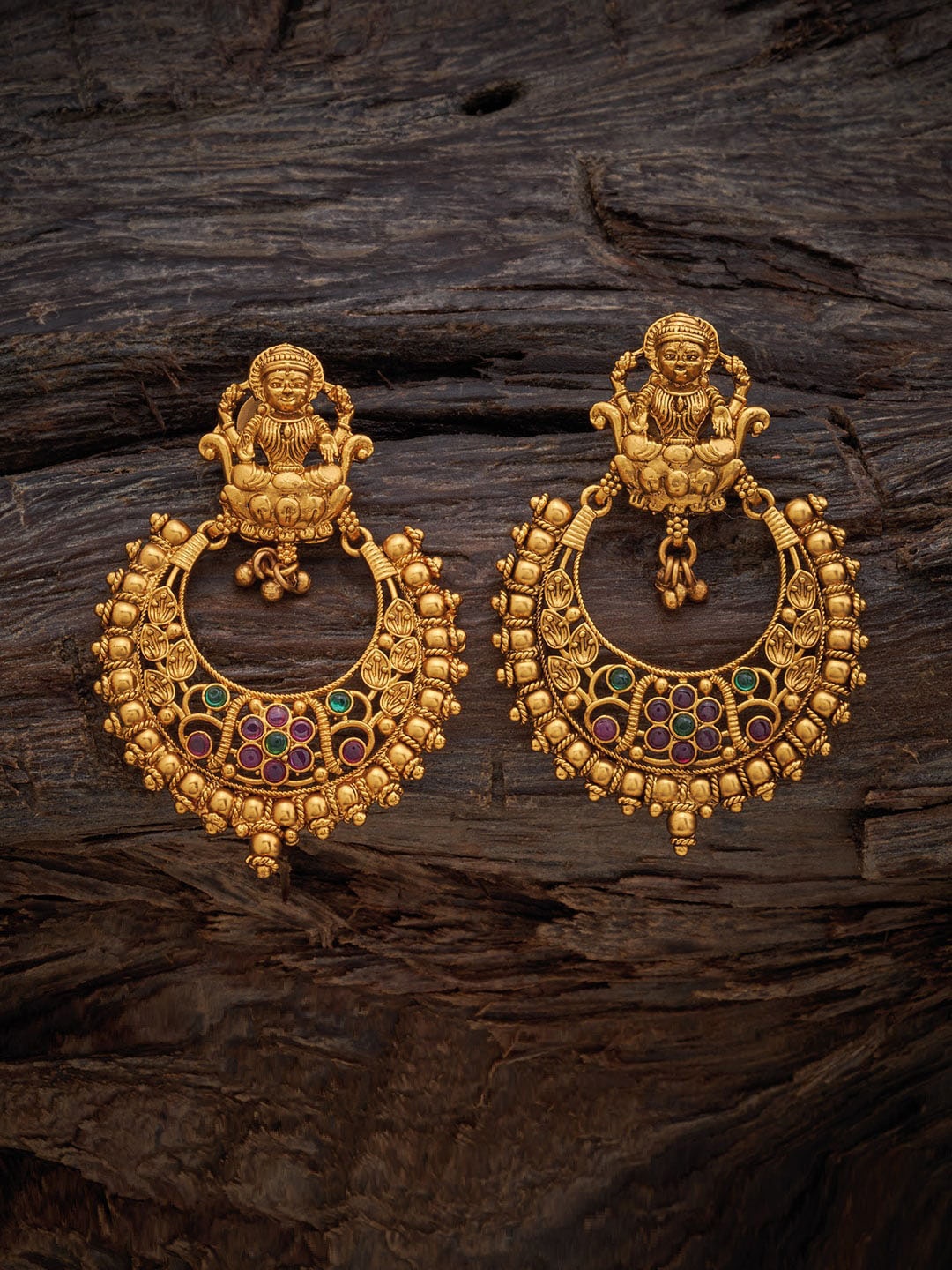 

Kushal's Fashion Jewellery Stone-Studded Circular Shaped Chandbalis Antique Earrings, Gold