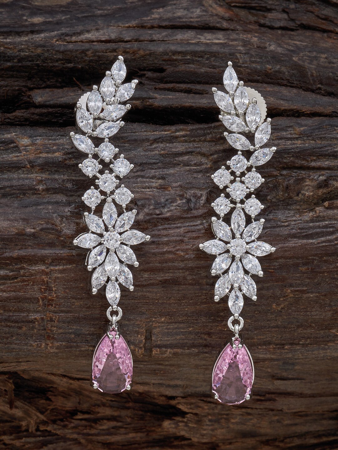 

Kushal's Fashion Jewellery Rhodium-Plated Cubic Zirconia-Studded Drop Earrings, Pink