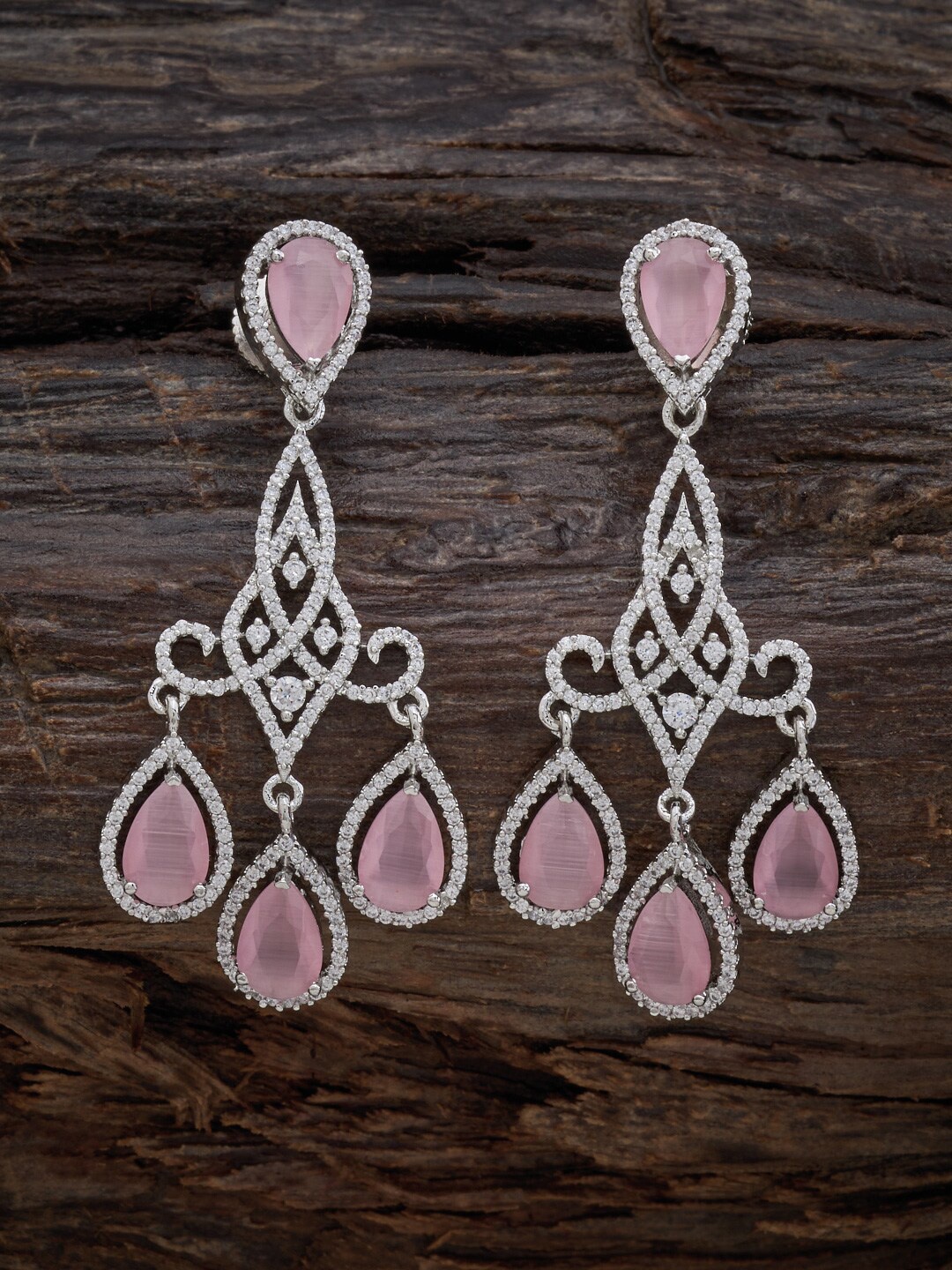 

Kushal's Fashion Jewellery Rhodium-Plated Teardrop Shaped CZ Studded Drop Earrings, Silver