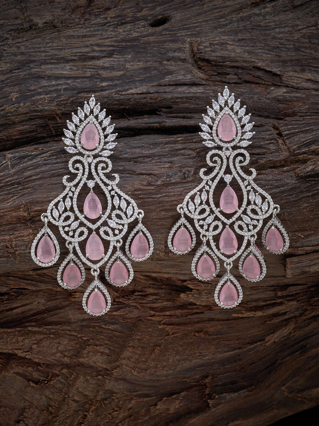 

Kushal's Fashion Jewellery Rhodium-Plated Cubic Zirconia-Studded Drop Earrings, Pink