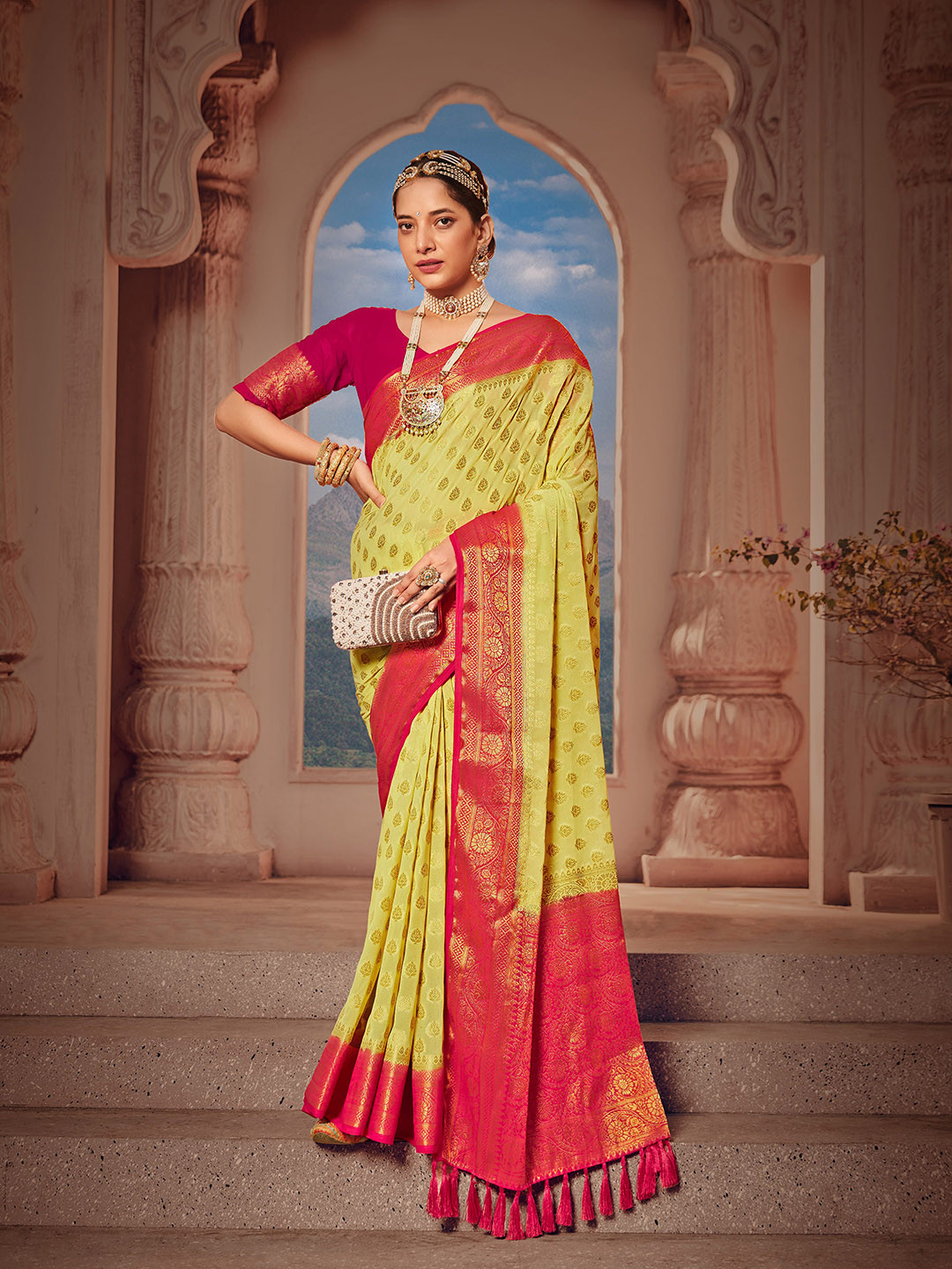 

elora Ethinic Motif Woven Design Zari Banarasi Saree, Yellow