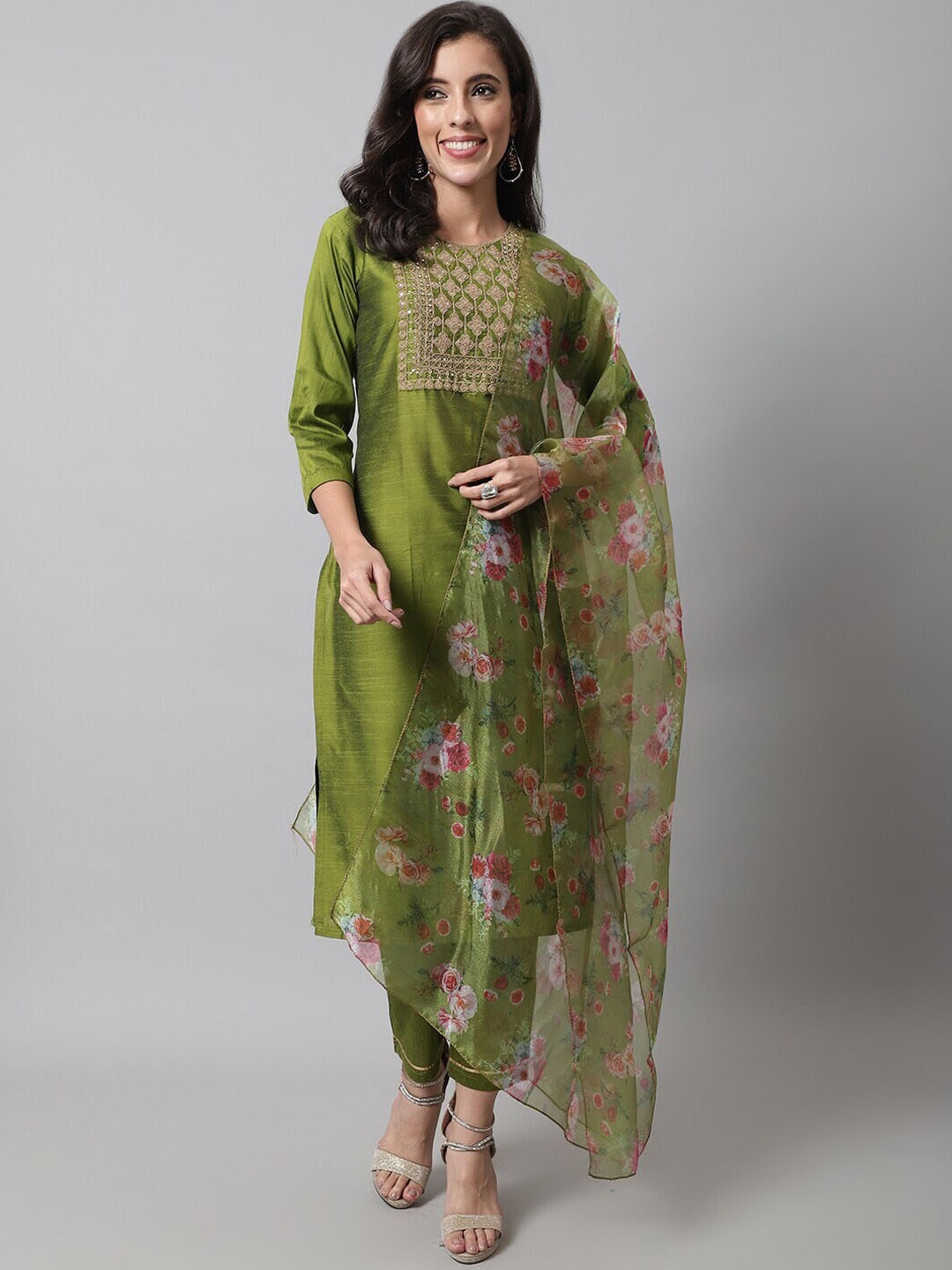 

KALINI Ethnic Motifs Embroidered Sequined Kurta with Trousers & Dupatta, Green