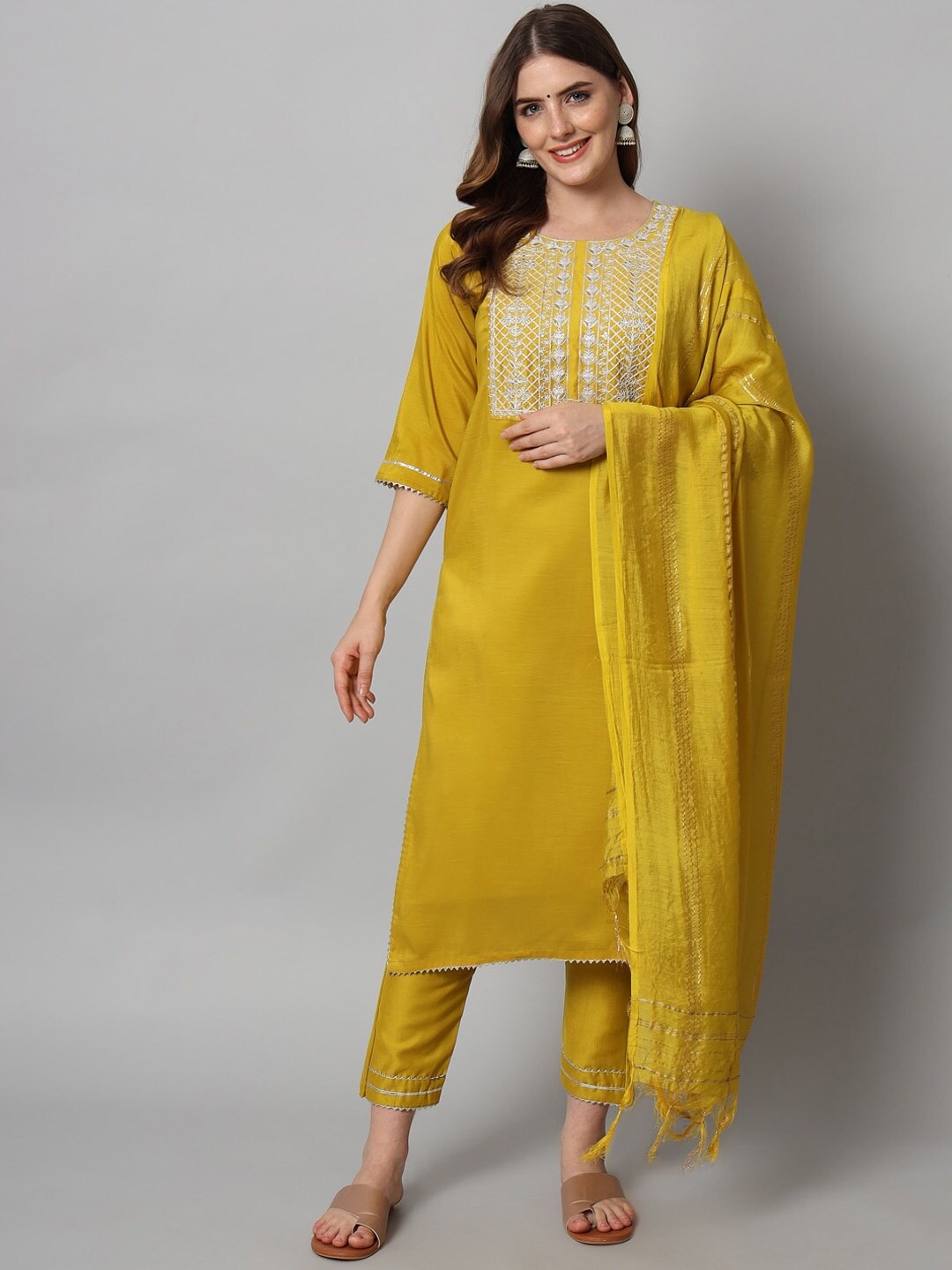 

KALINI Ethnic Motifs Embroidered Gotta Patti Kurta with Trousers & Dupatta, Mustard