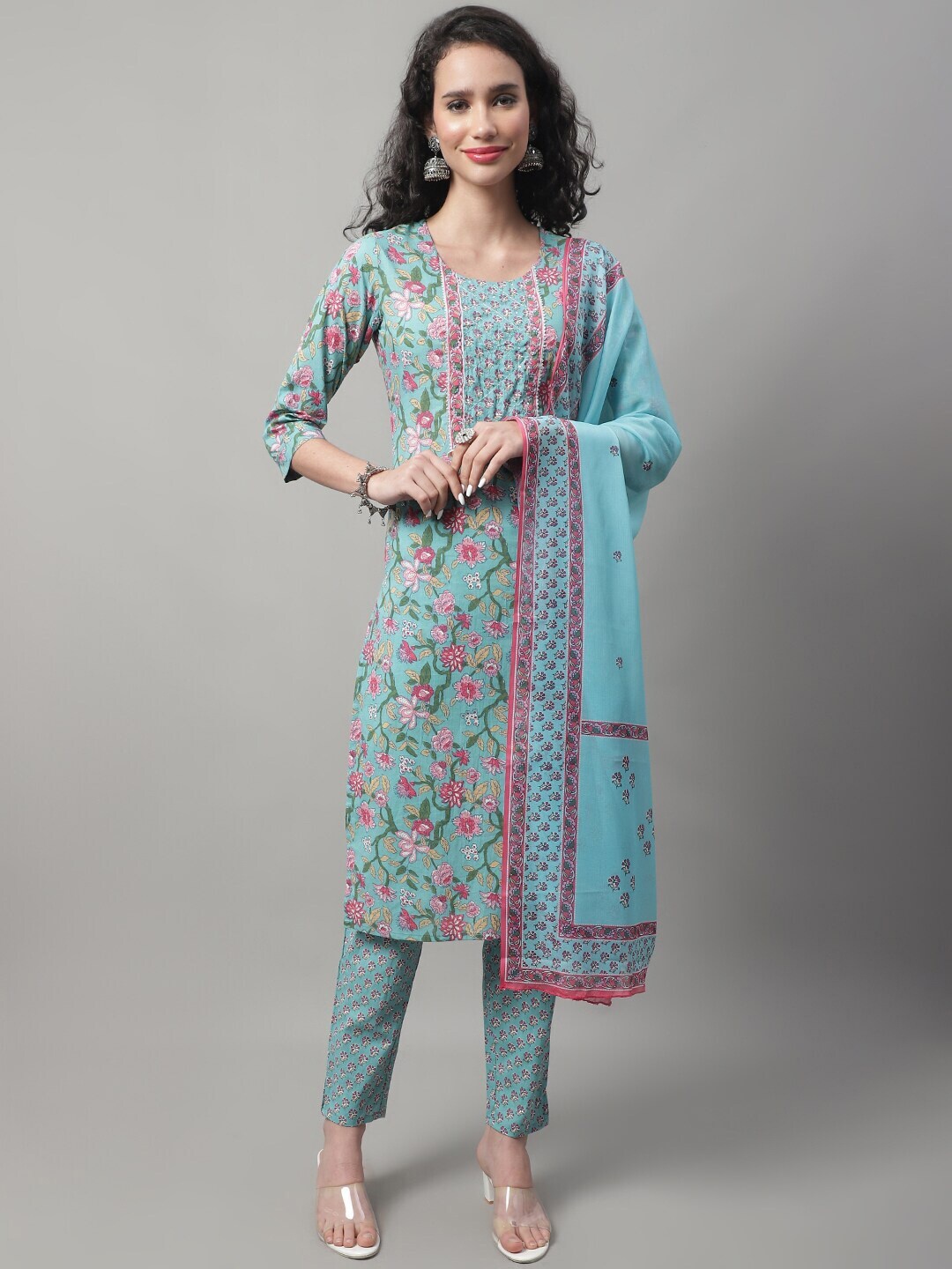 

KALINI Floral Printed Gotta Patti Pure Cotton Kurta with Trousers & Dupatta, Blue