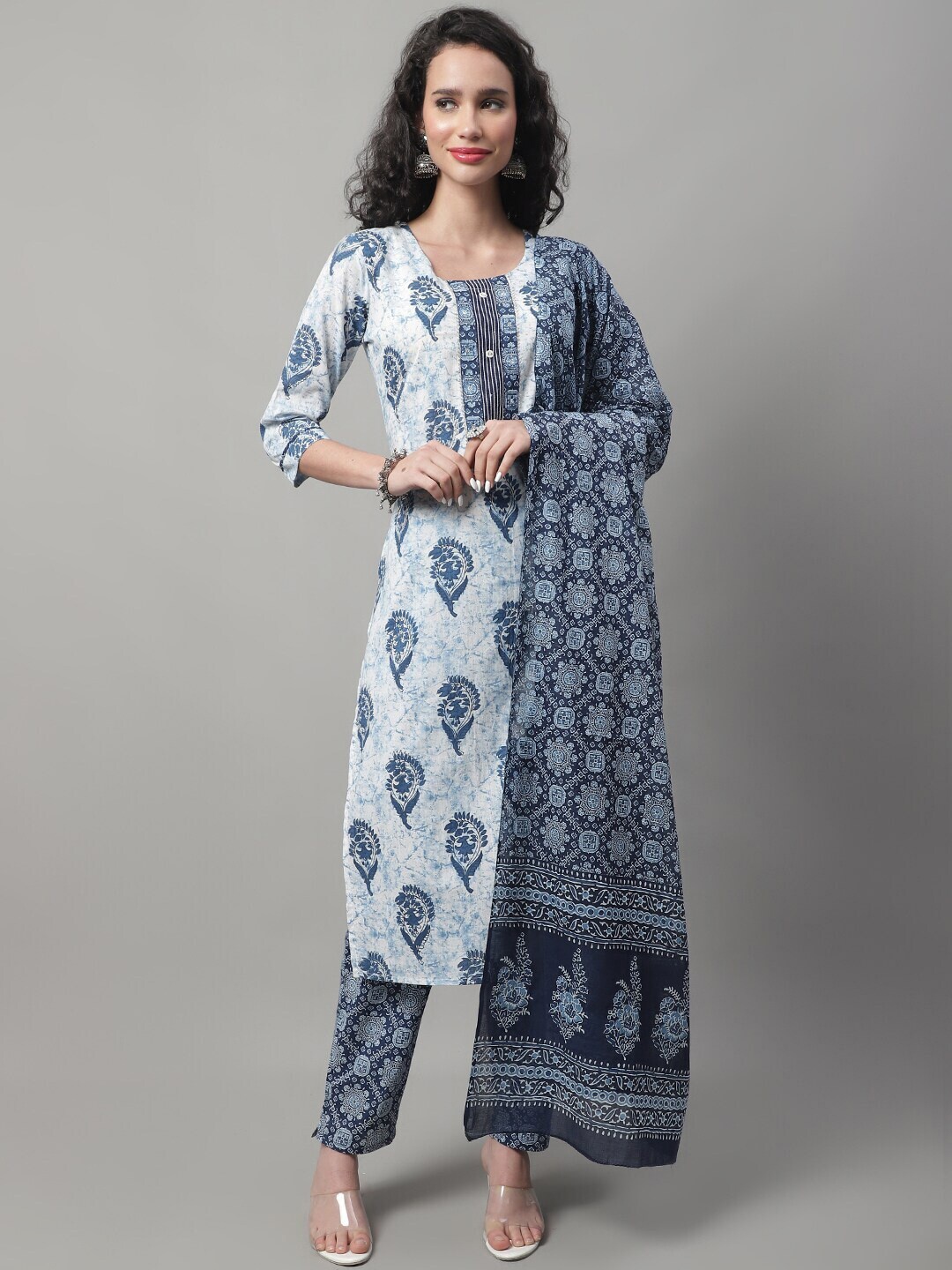 

KALINI Floral Printed Gotta Patti Pure Cotton Kurta with Trousers & Dupatta, Blue