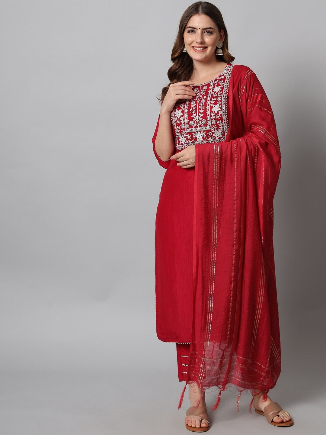 

KALINI Ethnic Motifs Embroidered Zari Kurta with Trousers & Dupatta, Red