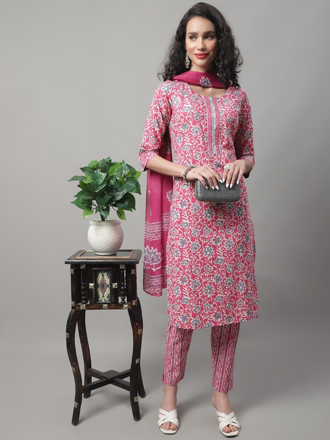 

KALINI Floral Printed Gotta Patti Pure Cotton Kurta with Trousers & Dupatta, Pink