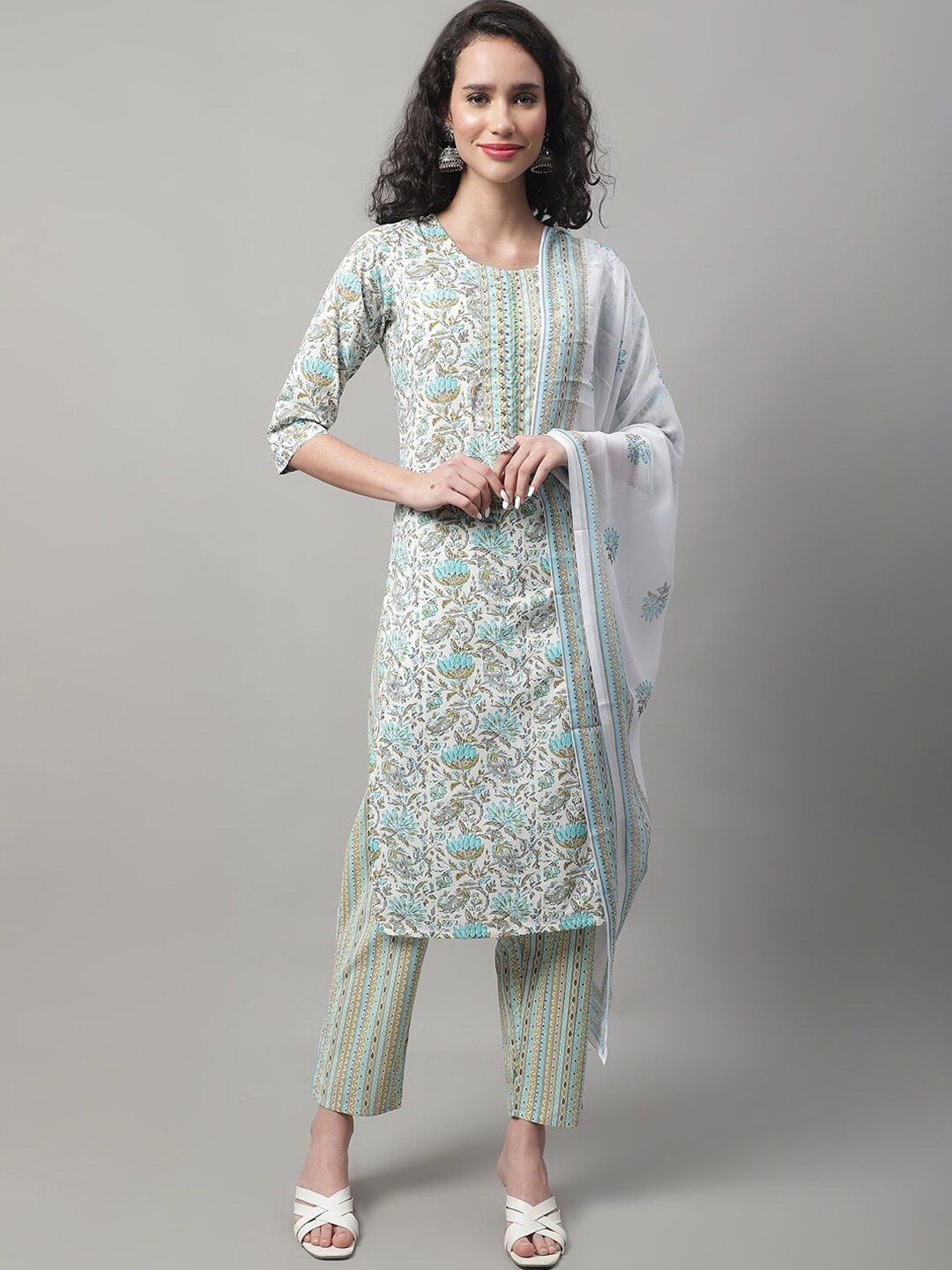 

KALINI Floral Printed Bead Work Pure Cotton Kurta with Trousers & Dupatta, White