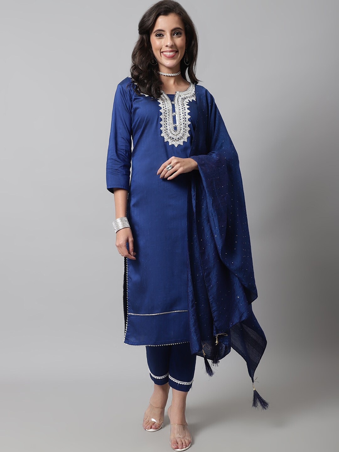 

KALINI Women Blue Ethnic Motifs Embroidered Regular Kurta with Trousers & With Dupatta