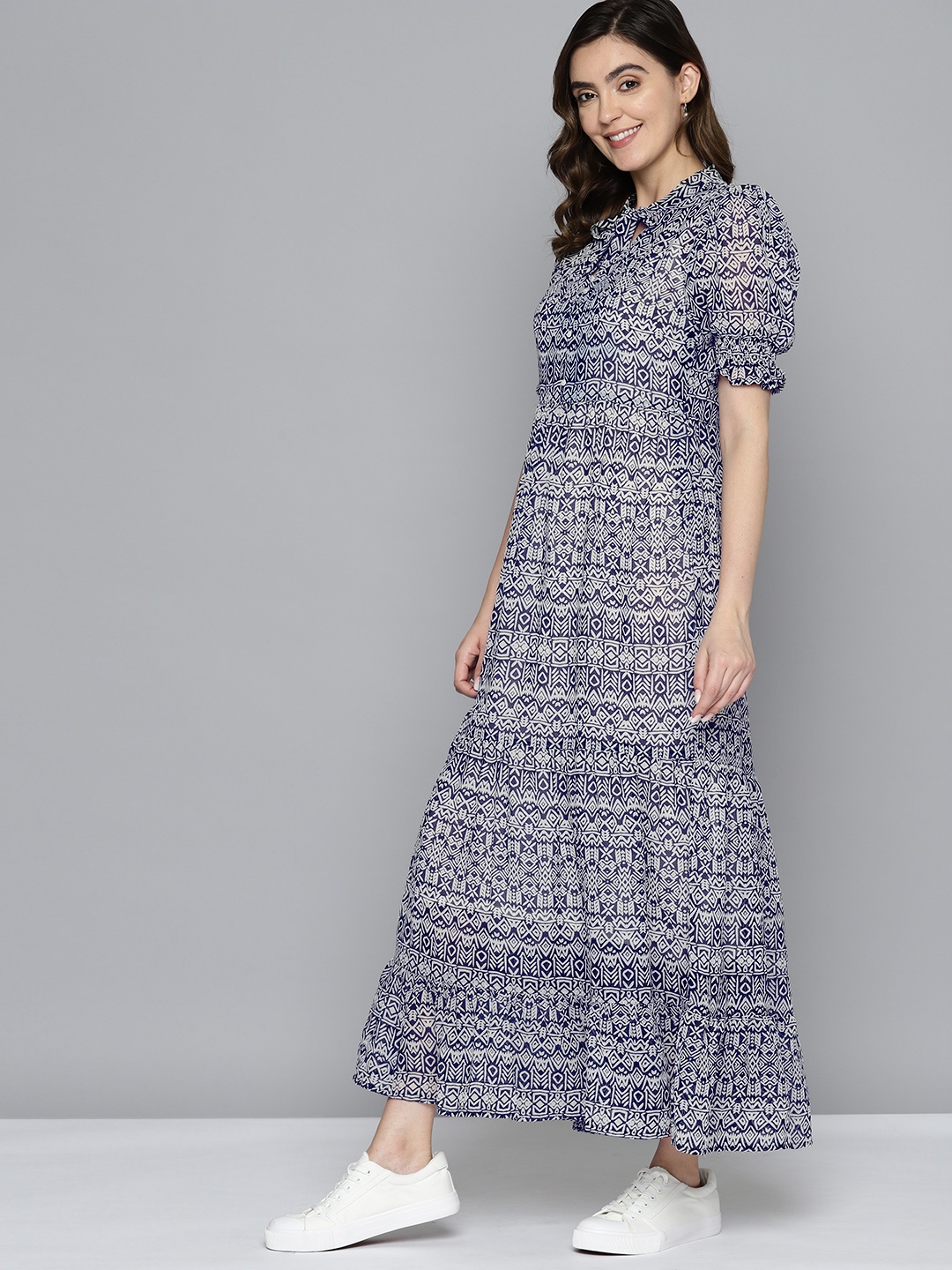 

Mast & Harbour Tribal Print Tie-Up Neck Puff Sleeve Maxi Dress, Navy blue