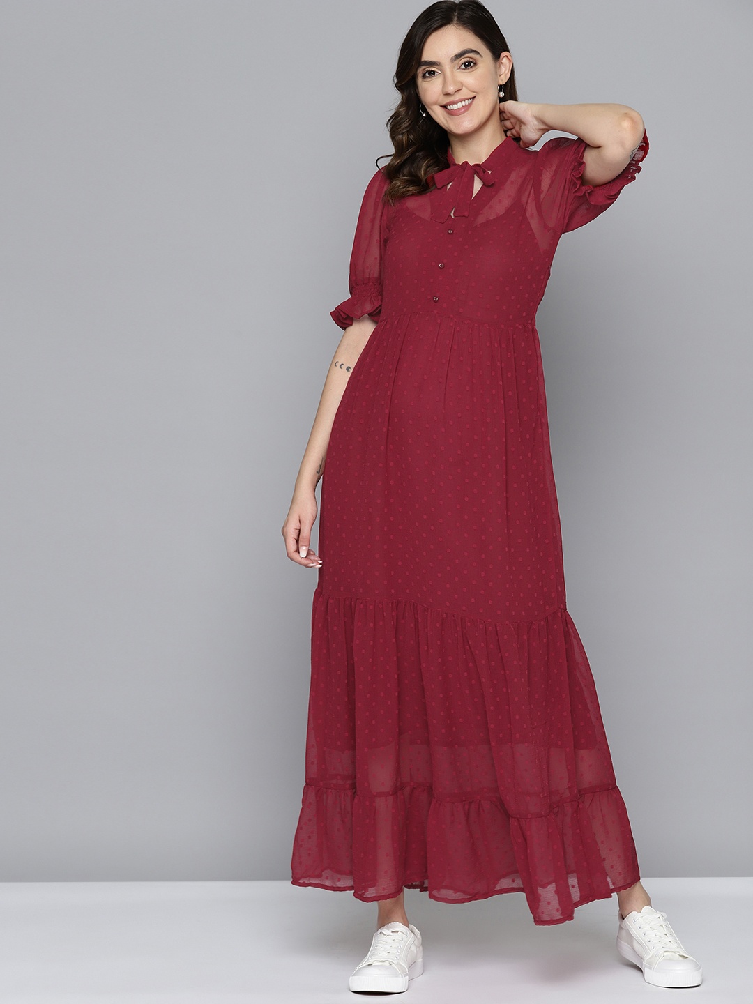 

Mast & Harbour Tie-Up Neck Puff Sleeve Maxi Dress, Maroon