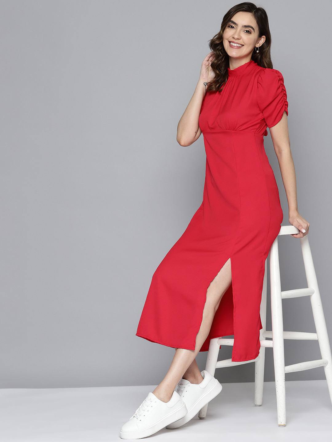 

Mast & Harbour Puff Sleeve A-Line Midi Dress, Red