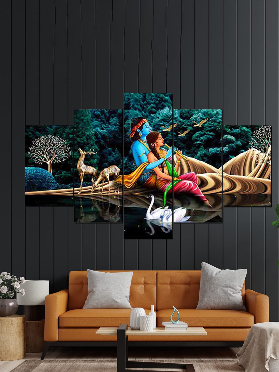 

Perpetual Green & Blue 5 Pieces Radha Krishna Painting Wall Arts