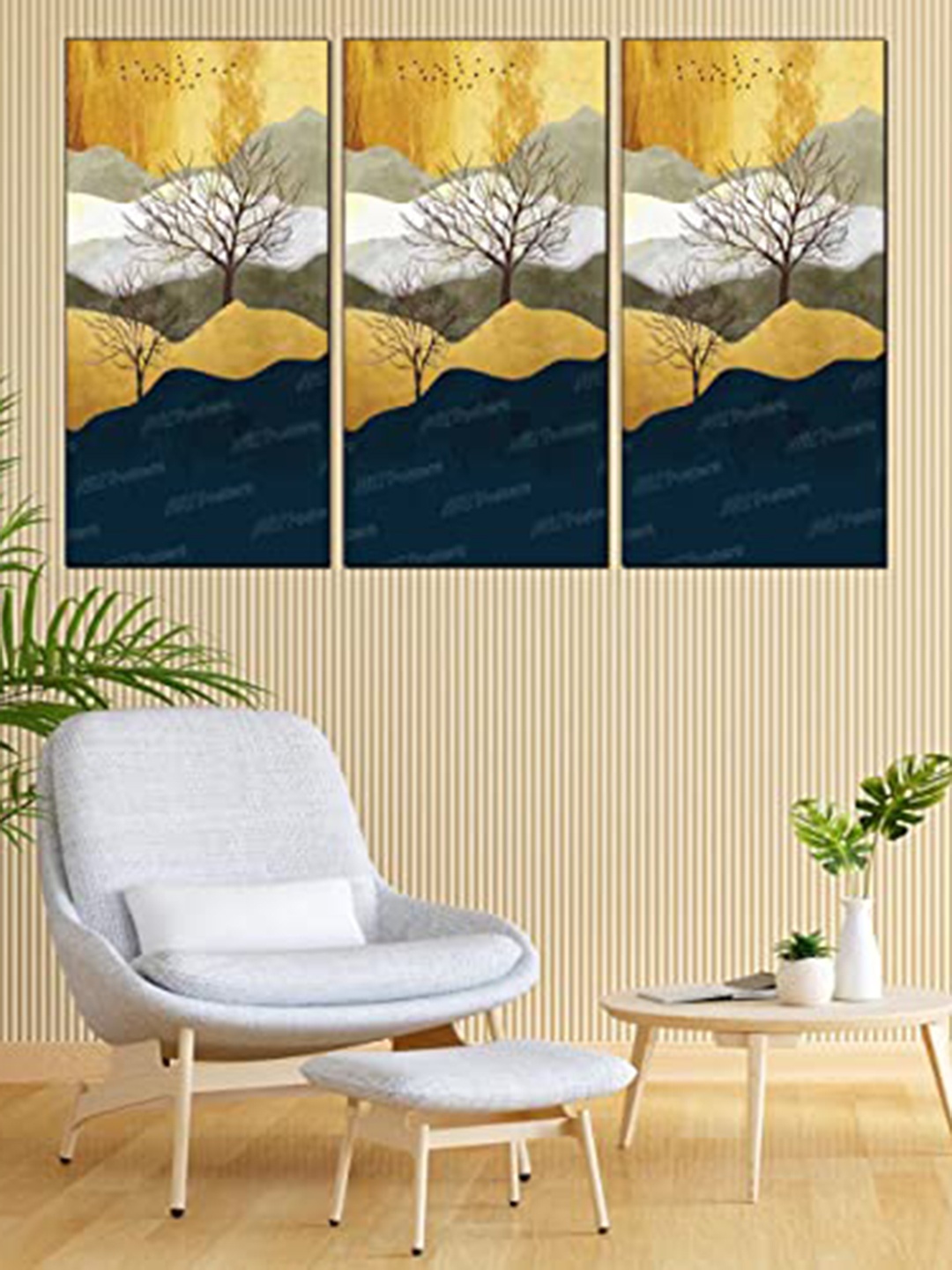 

Perpetual Gold Toned & White 3 Pieces Abstract Painting Wall Arts