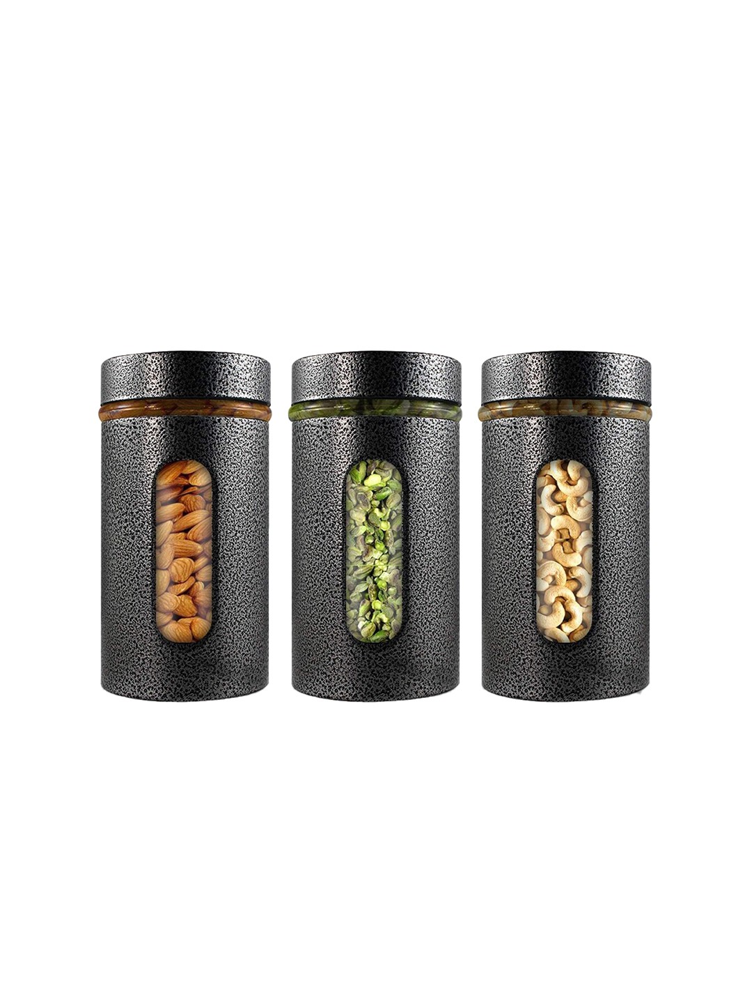 

Home Puff Grey 3 Pieces Textured Metal Nested Airtight Glass Canisters - 550 ml Each