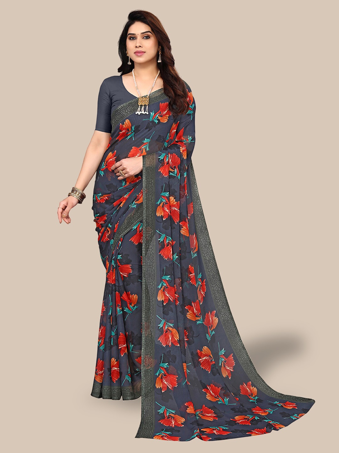 

Poshyaa Floral Printed Pure Georgette Saree, Grey
