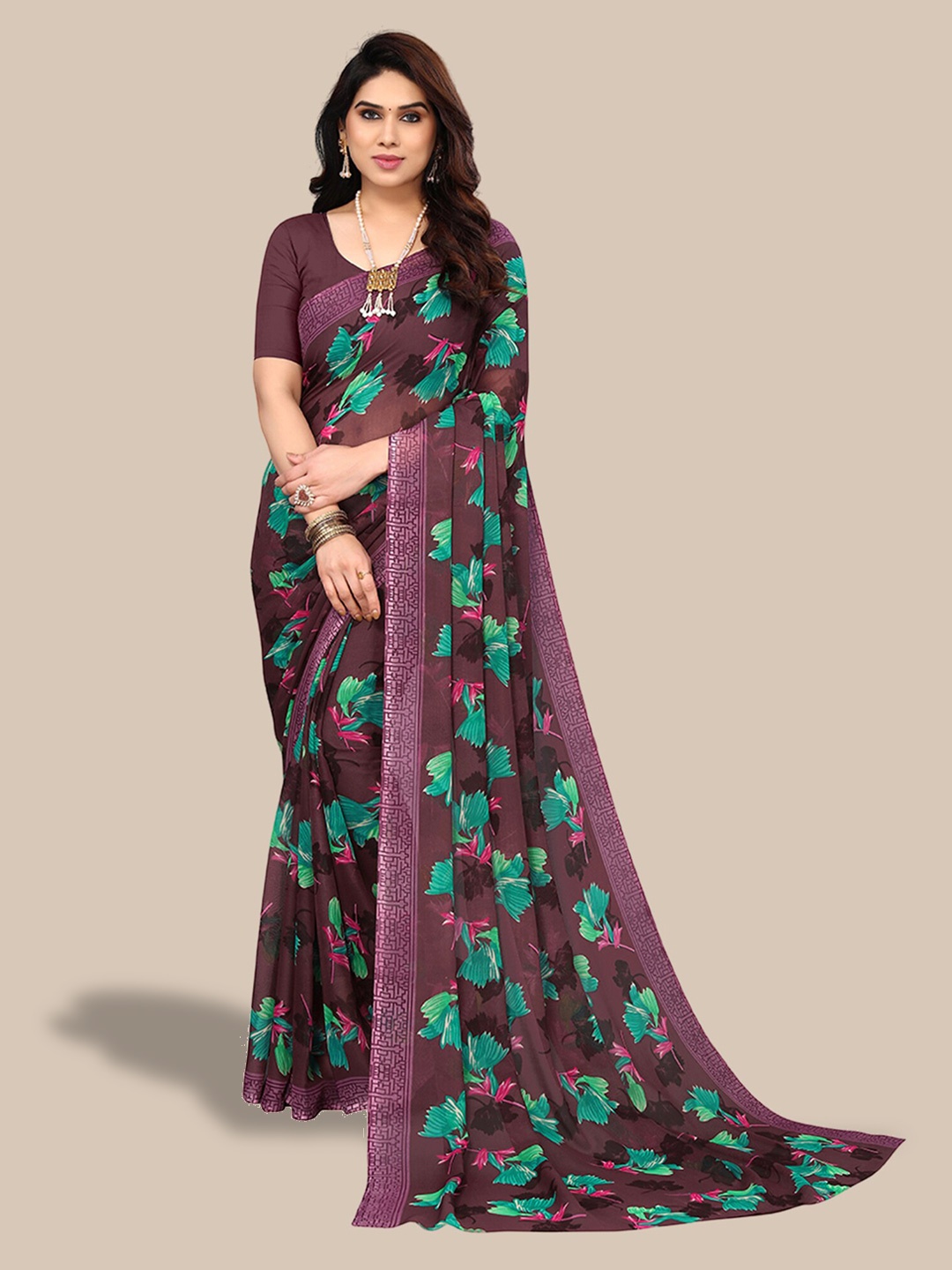 

Poshyaa Floral Printed Pure Georgette Saree, Magenta