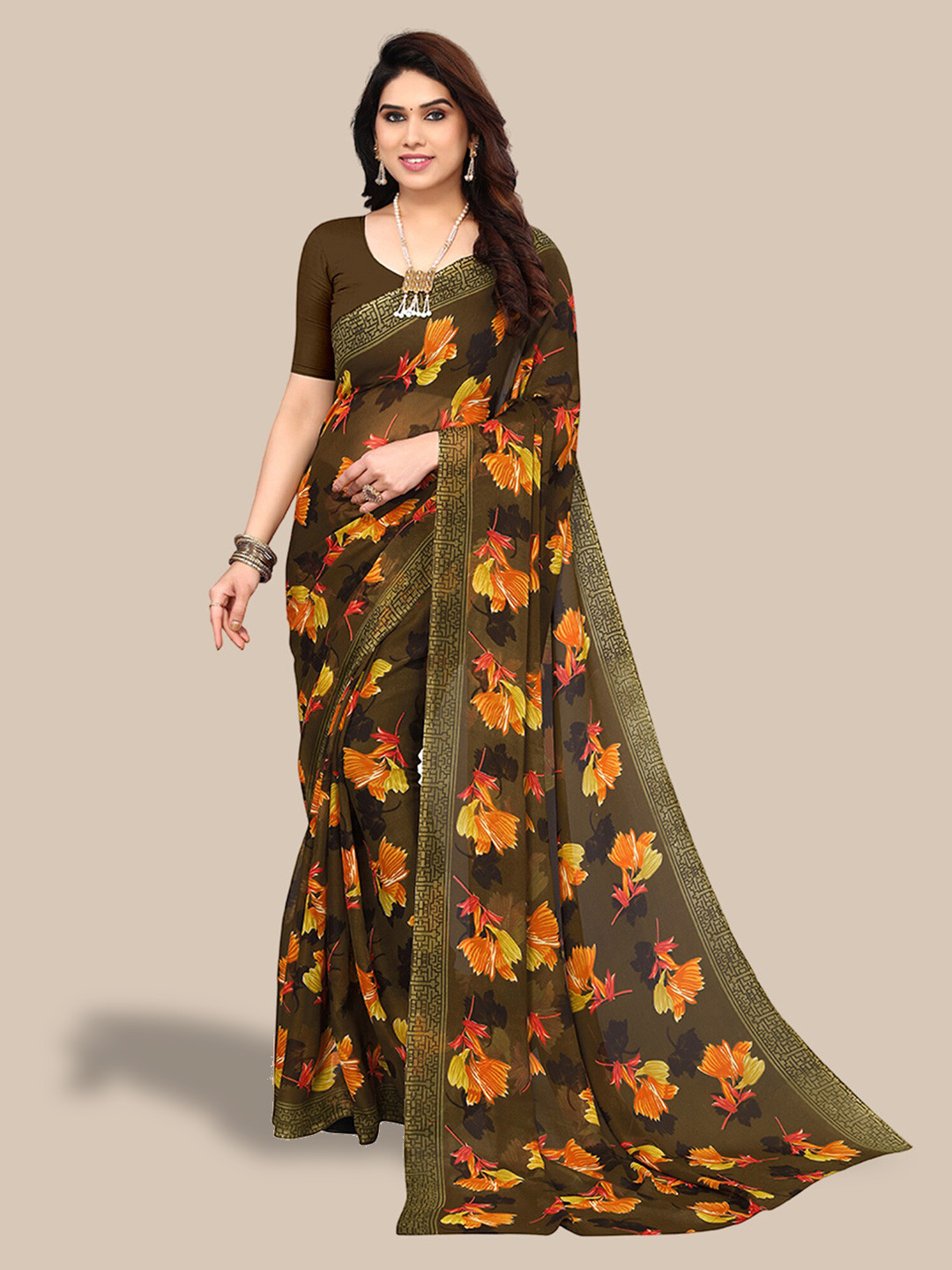 

Poshyaa Floral Printed Pure Georgette Saree, Olive