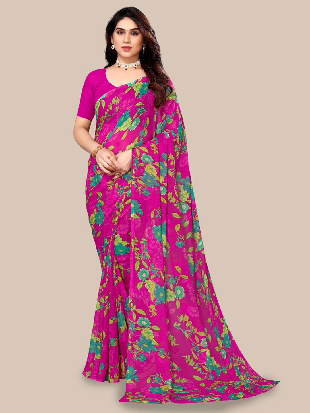 

Poshyaa Floral Printed Pure Georgette Saree, Pink