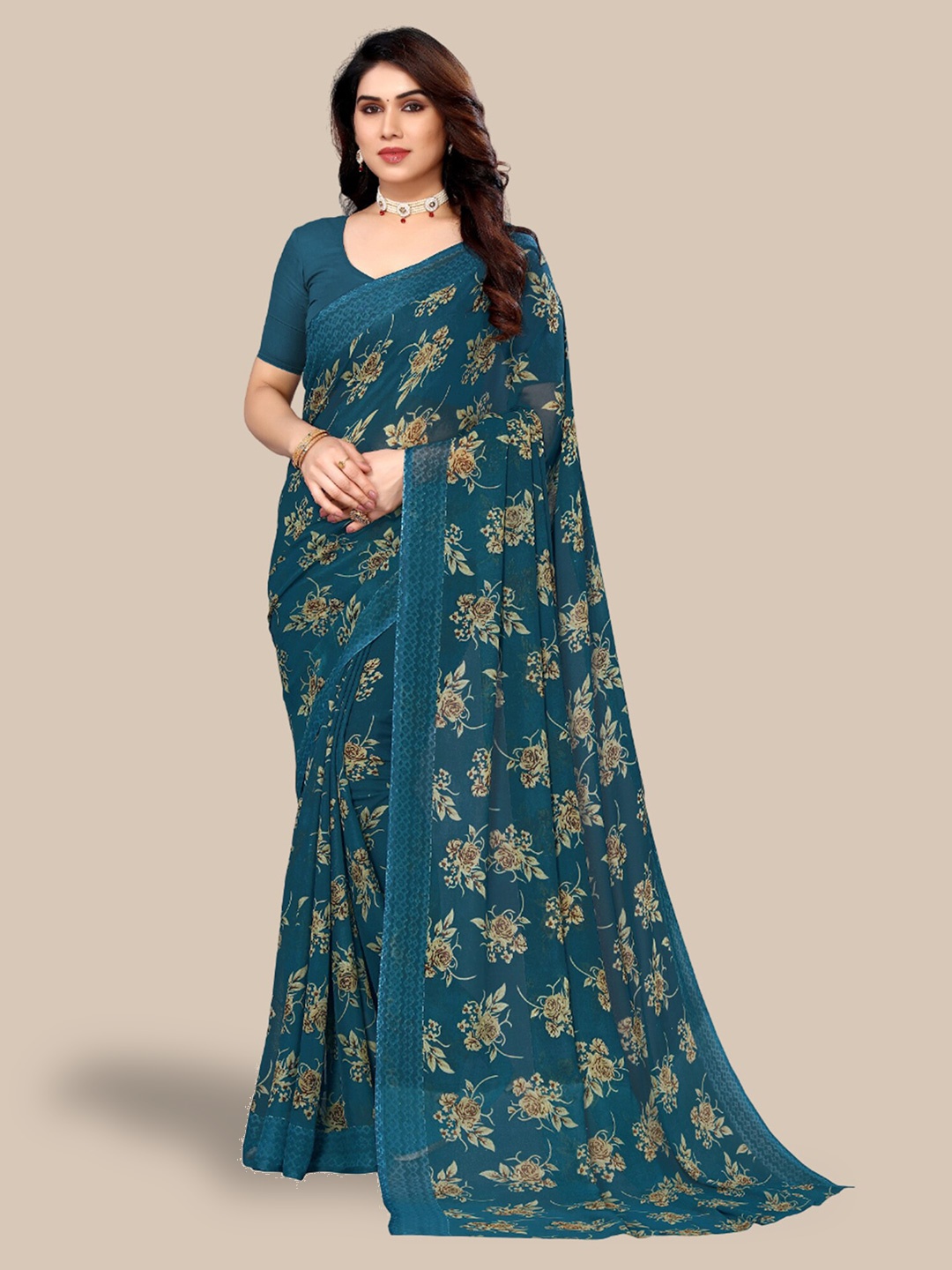 

Poshyaa Floral Printed Pure Georgette Saree, Green