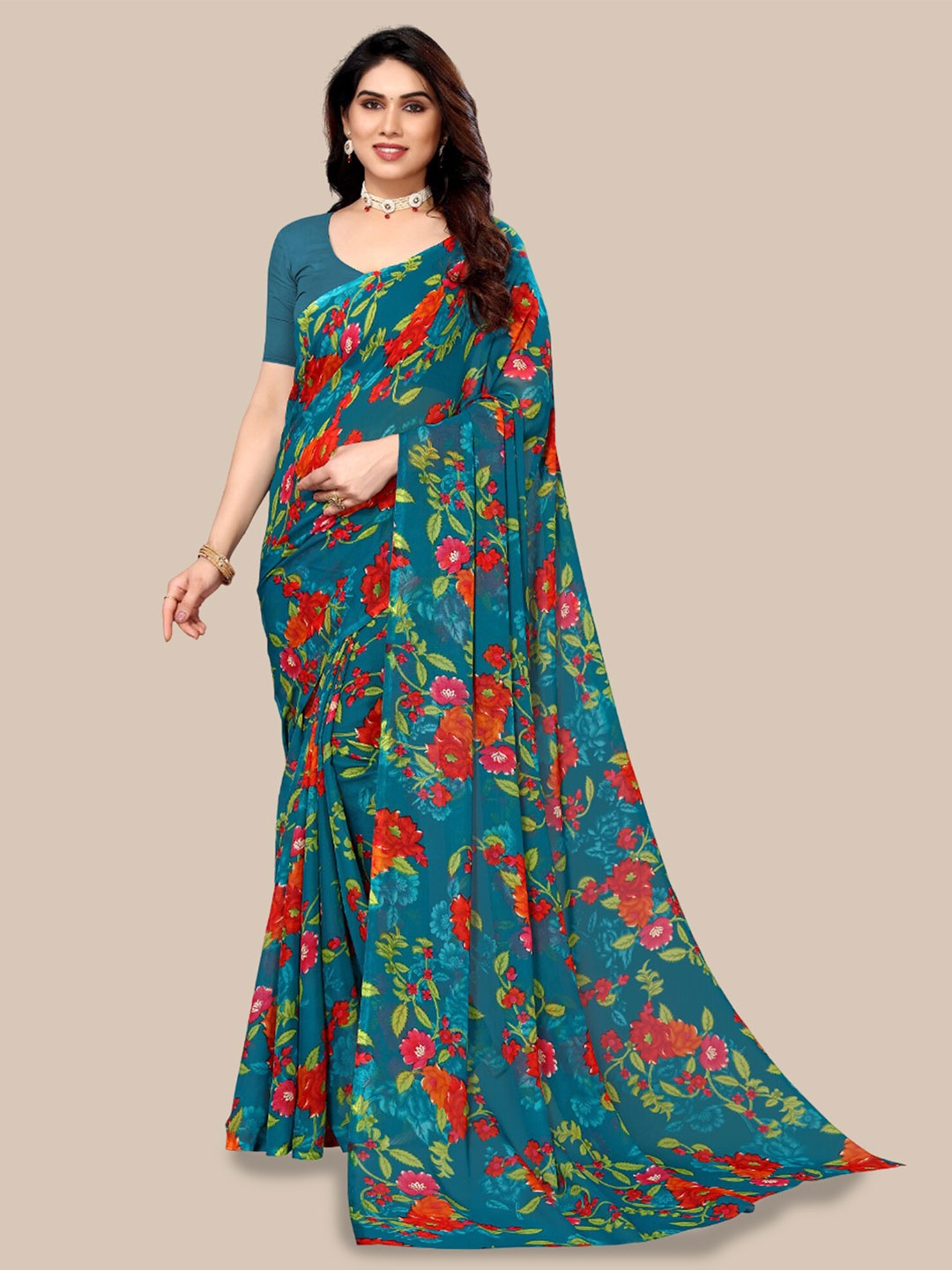 

Poshyaa Floral Printed Pure Georgette Saree, Teal