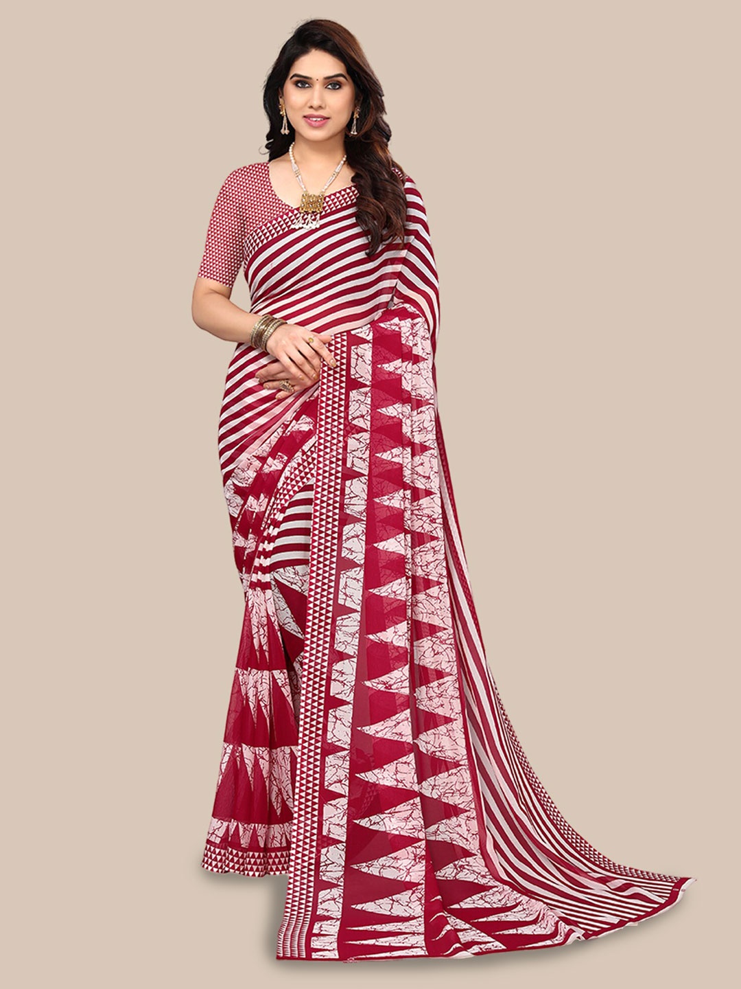 

Poshyaa Striped Pure Georgette Saree, Red