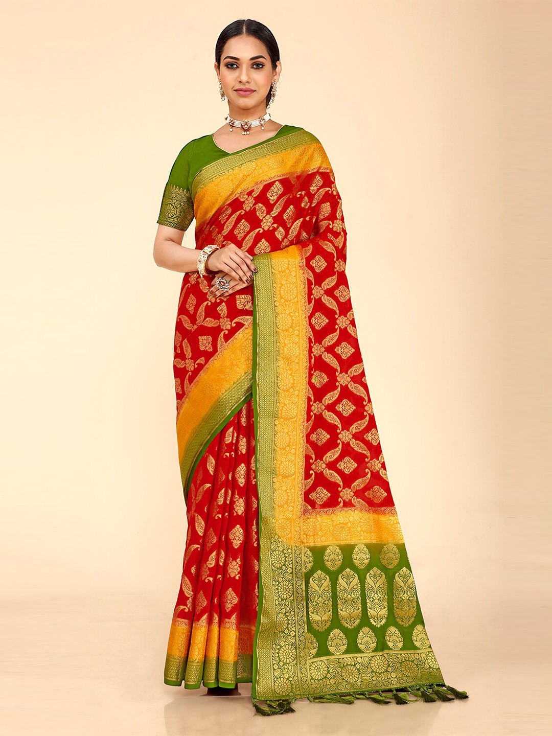 

elora Ethinic Motif Woven Design Zari Banarasi Saree, Red