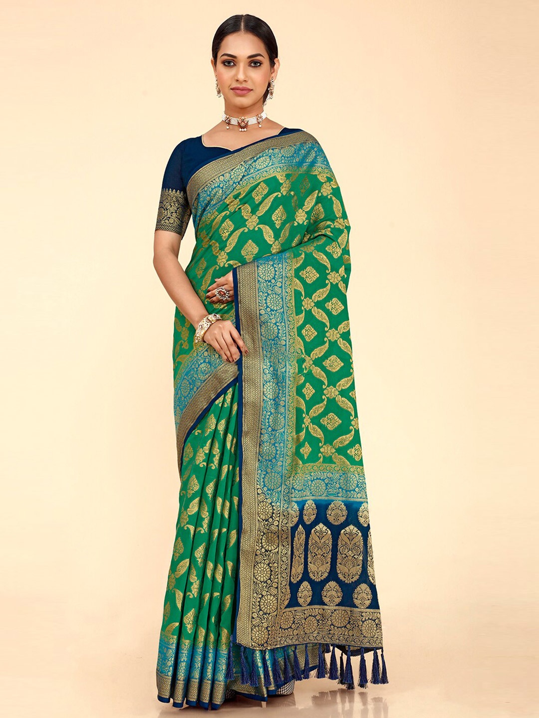 

elora Ethnic Motif Woven Design Zari Banarasi Saree, Turquoise blue