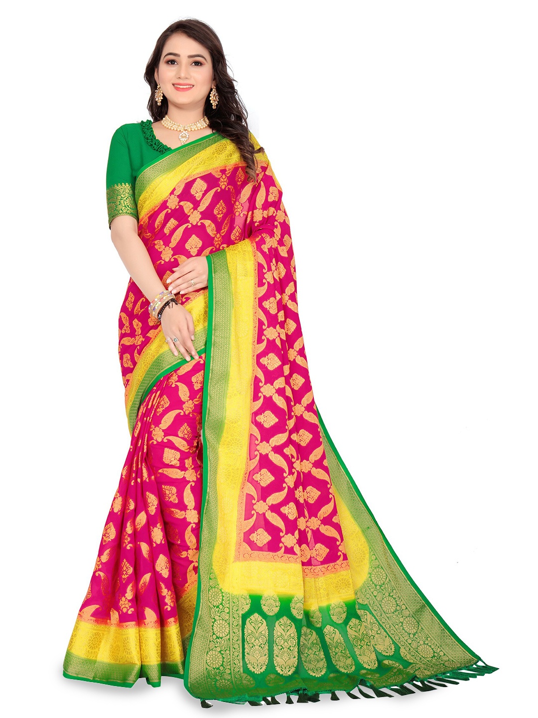 

elora Ethnic Motif Woven Design Zari Banarasi Saree, Pink