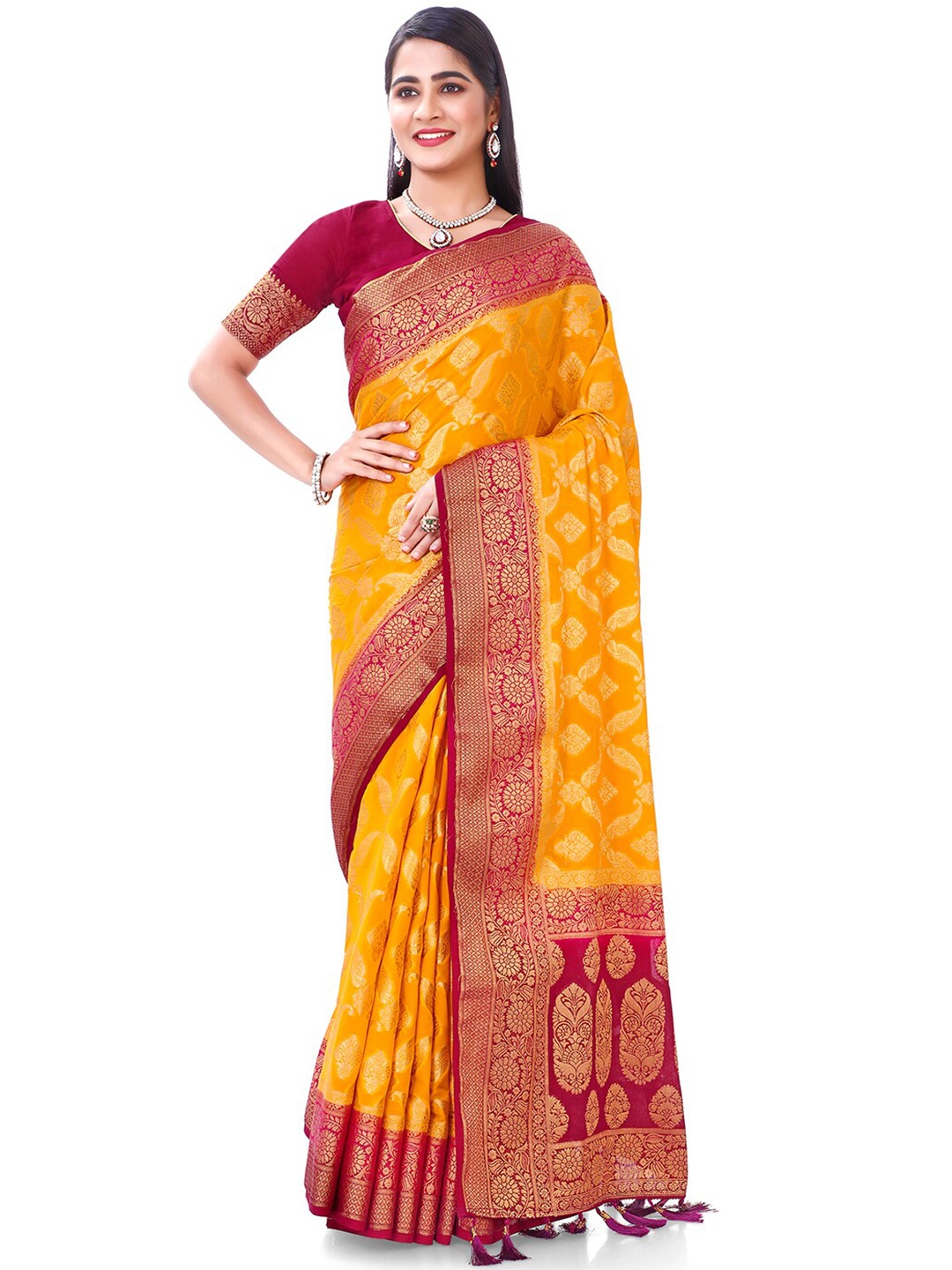

elora Ethnic Motif Woven Design Zari Banarasi Saree, Yellow